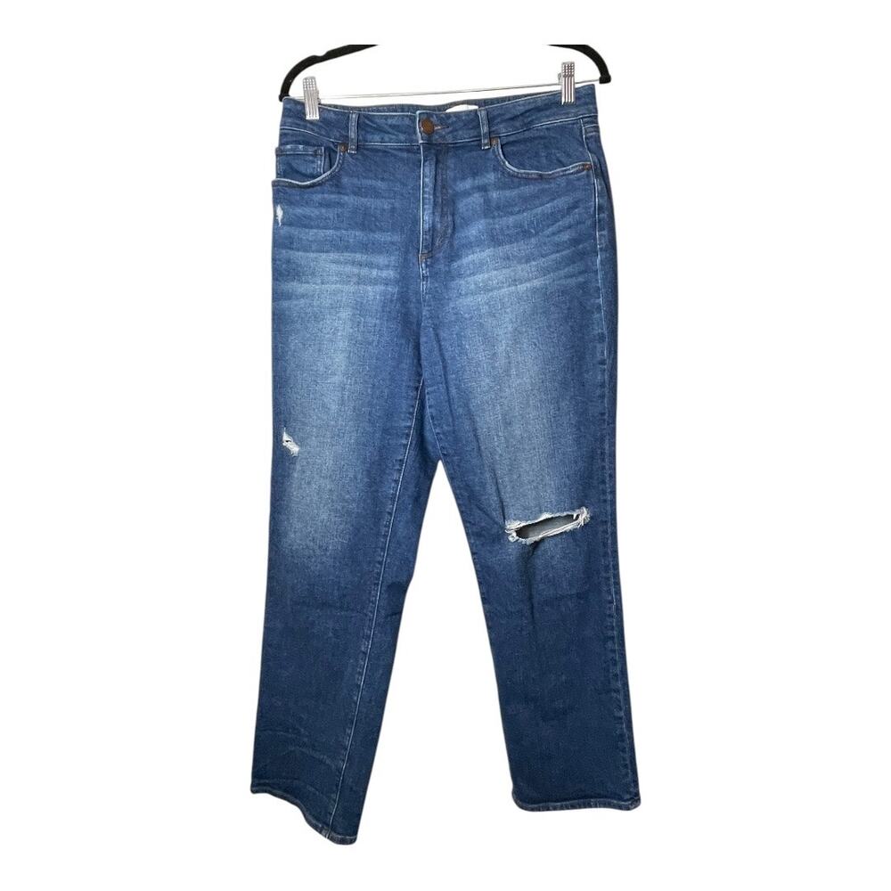 LOFT Jeans Curvy High Rise Straight Size 8 Knee Rip Hole Blue Distressed